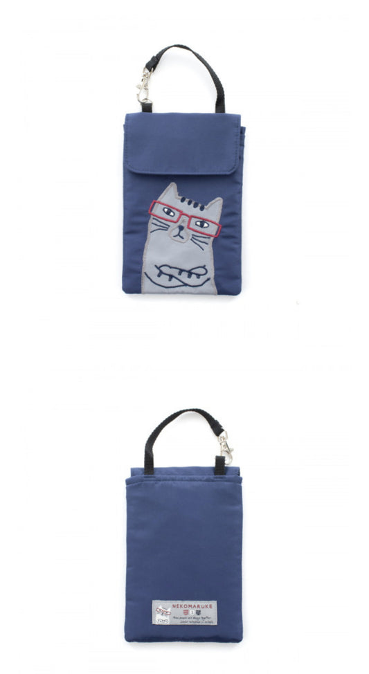 出口日本新款刺繡貓咪手提包手提包錢包手機包可愛卡通鑰匙包卡套｜藍色
