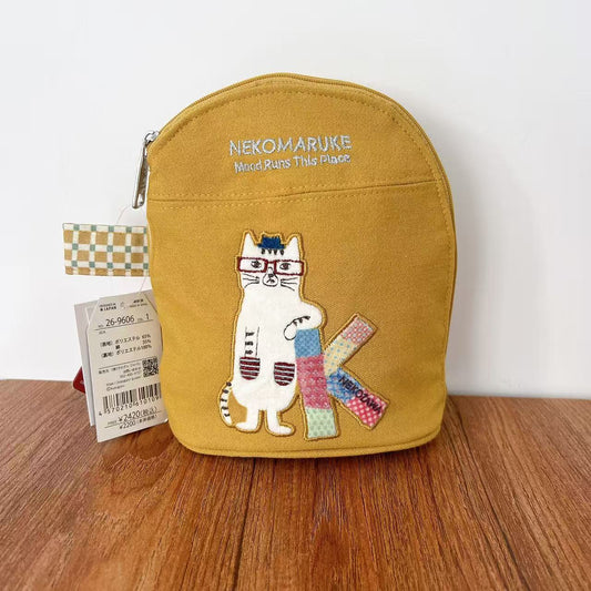 Kusuguru正品刺繡眼鏡貓零錢包錢包掛包式卡套小物收納包布藝600｜眼鏡貓芥黃9606-1