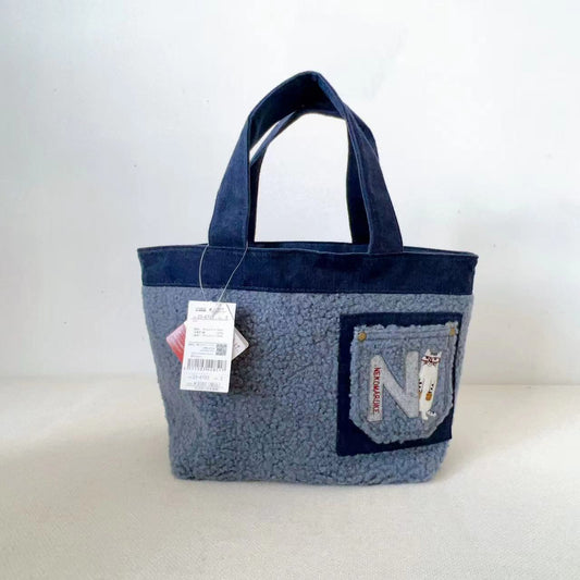 日本kusuguru刺繡貓咪仿羊羔毛手提包手提包逛街購物包卡通974｜灰色6733-2