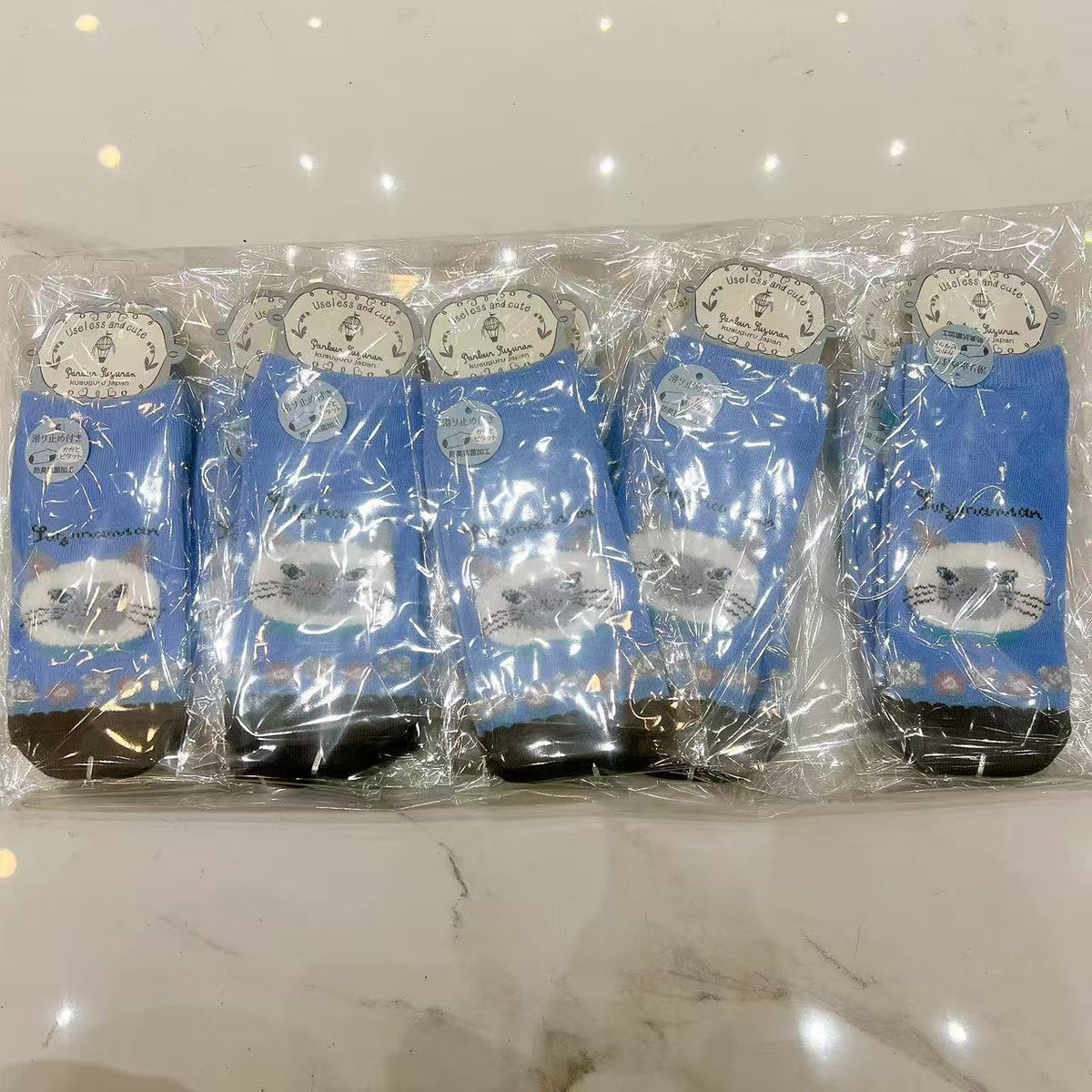 日本Kusuguru提花貓咪船襪中筒襪卡通棉襪堆堆襪襪子521(10雙入)｜船襪蜜豆淺藍9165-2／單一尺寸