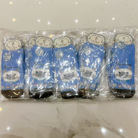 日本Kusuguru提花貓咪船襪中筒襪卡通棉襪堆堆襪襪子521(10雙入)｜船襪蜜豆淺藍9165-2／單一尺寸