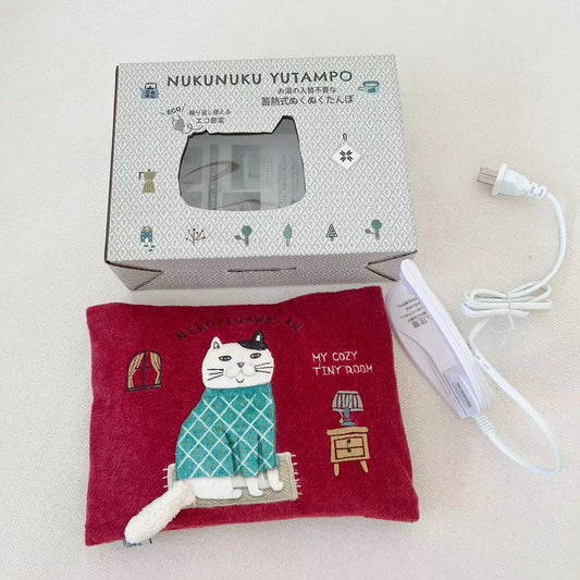 日本Kusuguru刺繡胖貓刷毛電熱管充電暖手器敷肚子暖水袋214｜紅色7630-2 （220v電壓）