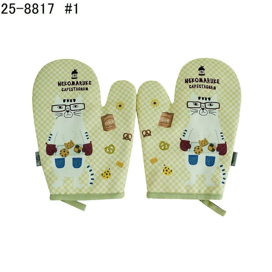 日本Kusuguru正品貓咪狗子刺繡印花手套隔熱耐高溫防燙加厚微波爐｜眼鏡貓米黃8817-1