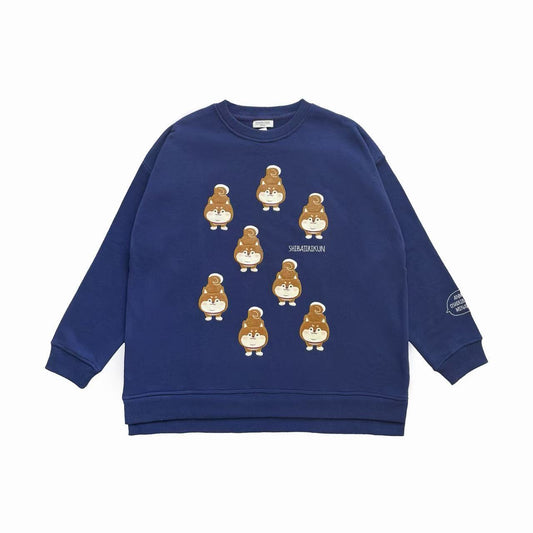 日本Kusuguru正品刺繡貓咪狗子大學T圓領休閒毛圈長袖寬鬆415432｜柴犬藏青9634-2／單一尺寸