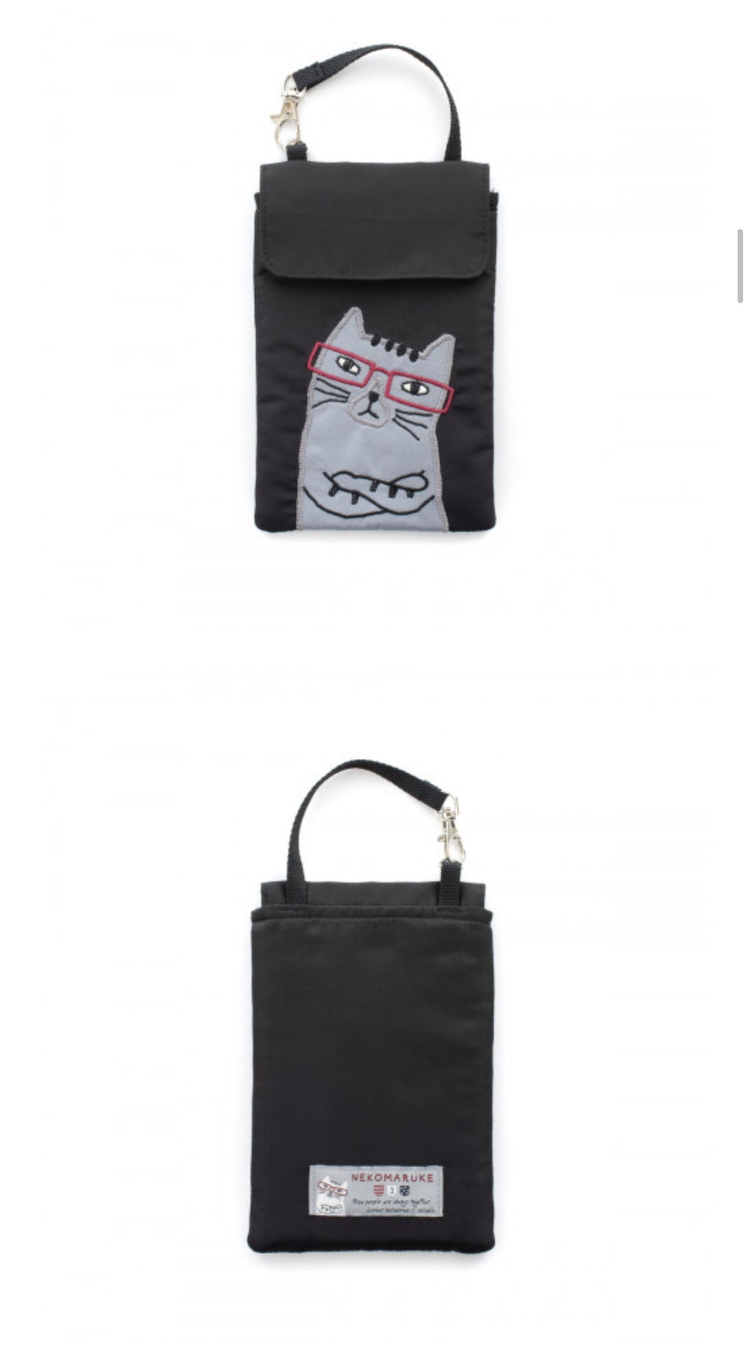 出口日本新款刺繡貓咪手提包手提包錢包手機包可愛卡通鑰匙包卡套｜黑色