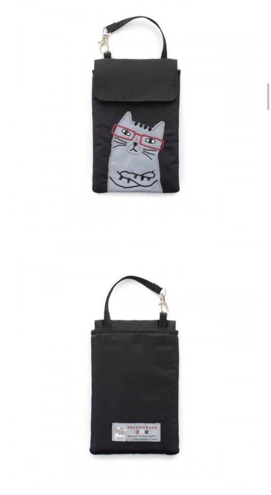 出口日本新款刺繡貓咪手提包手提包錢包手機包可愛卡通鑰匙包卡套｜黑色