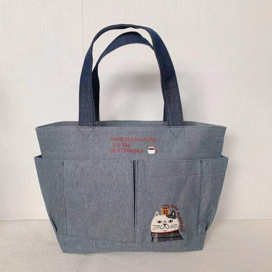 日本KUSUGURU刺繡胖貓手提包大型手提包托特包貓咪包布藝通勤912｜藍色