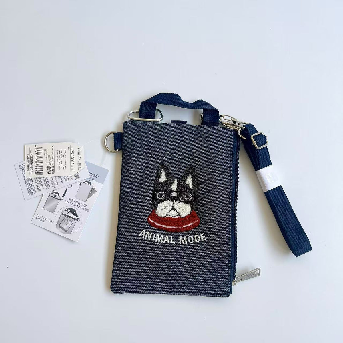 日本Kusuguru正品刺繡貓咪法鬥牛仔手機包斜背包后可觸屏手提435｜法鬥保羅深牛仔藍