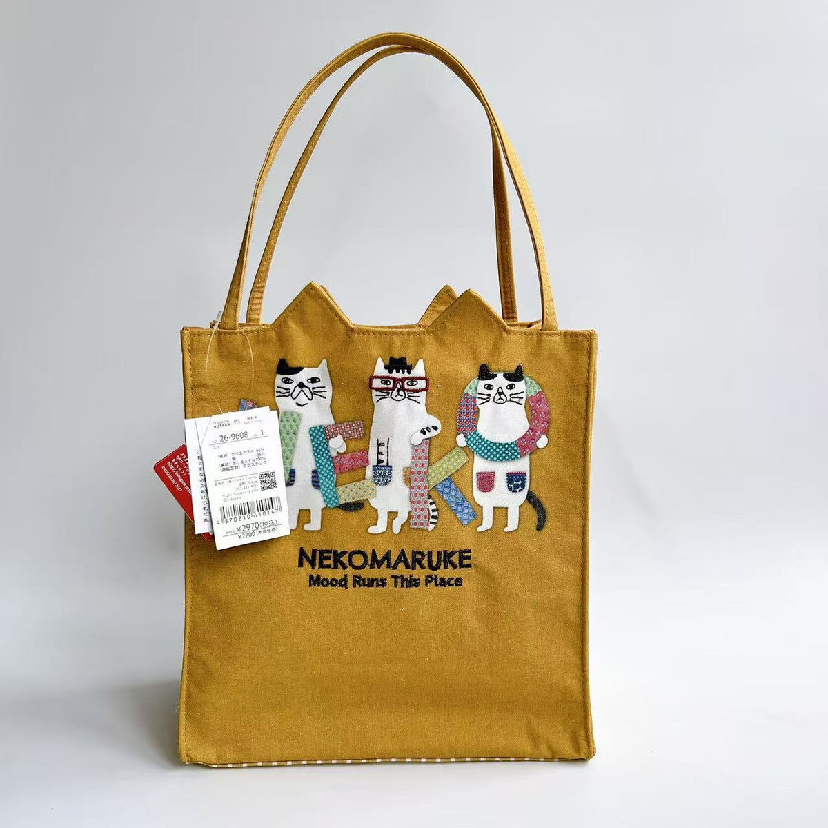 Kusuguru正品刺繡眼鏡貓手提包手提包補習包布藝通勤包iPad包600｜眼鏡貓芥黃9608-1
