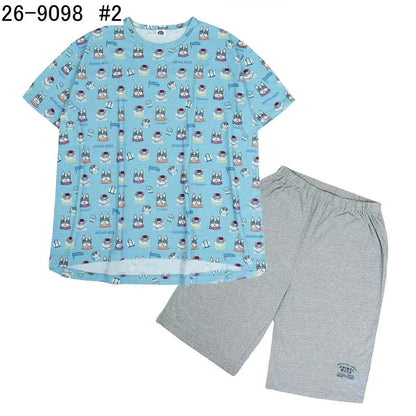 日本Kusuguru正品印花居家服睡裙套裝短袖短褲天竺棉卡通519｜短袖露西保羅藍9098-2／單一尺寸