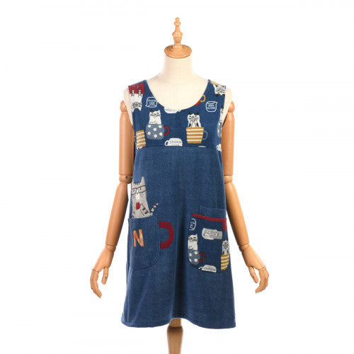 出口日本新款刺繡貓咪圍裙加厚秋冬刷毛家務防污保暖情侶卡通｜藏青1126-3