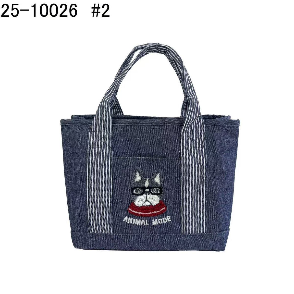日本Kusuguru正品刺繡貓咪法鬥手提包牛仔托特包手提包隔層包435｜保羅深牛仔藍10026-2