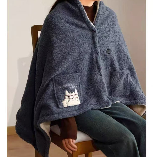 Kusuguru正品刺繡貓咪仿羊羔毛蓋毯USB加熱護肩護膝毯斗篷空調974｜眼鏡貓藍灰6735-2