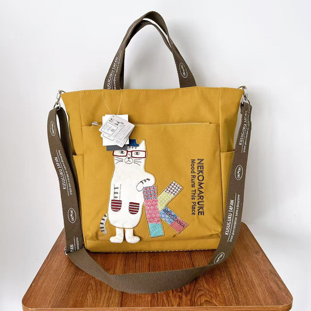 Kusuguru正品刺繡眼鏡貓肩背包斜背包手提包手提包補習包通勤600｜眼鏡貓芥黃9611-1