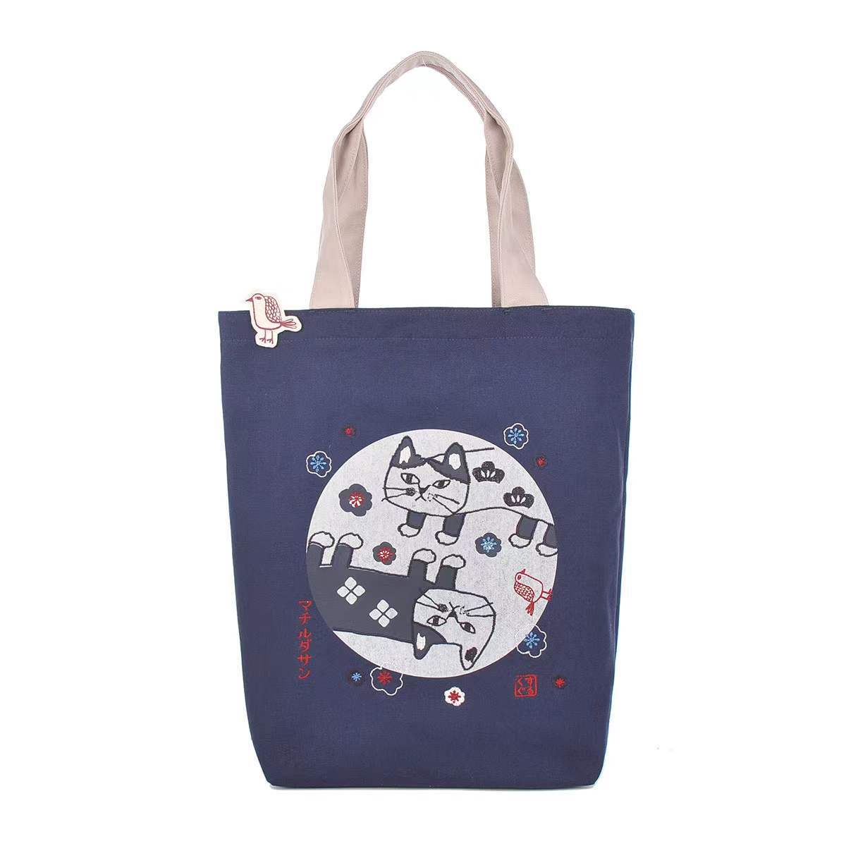 日本KUSUGURU刺繡爬貓帆布肩背包手提包手提包補習逛街購物包901｜爬貓藏青5155-2