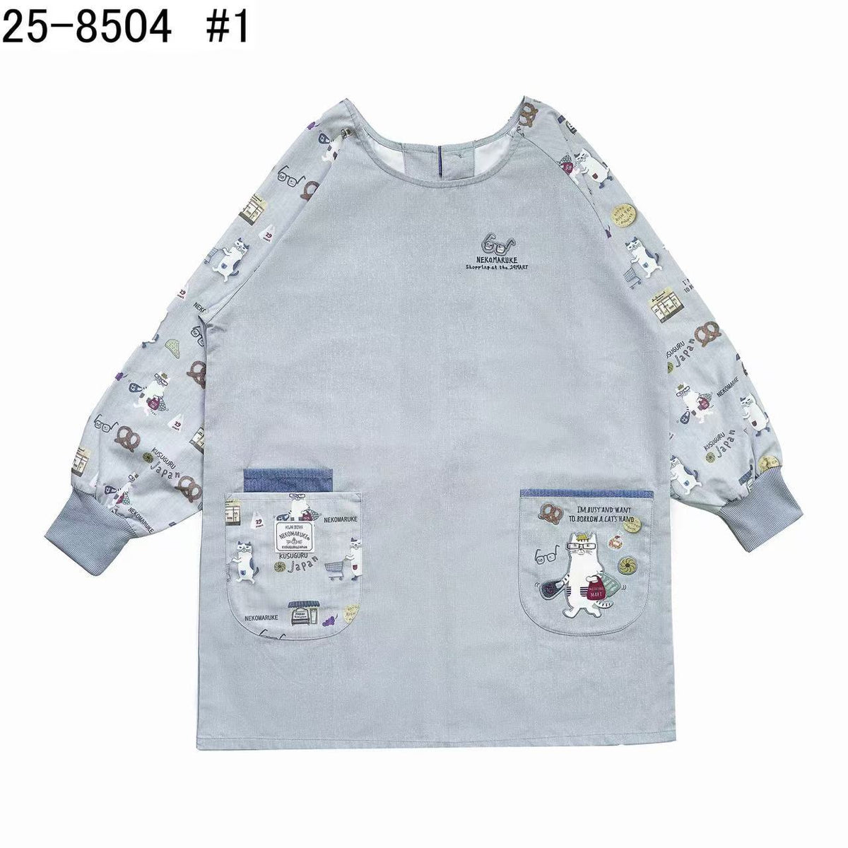 日本Kusuguru正品刺繡眼鏡貓長袖圍裙家務防油防污防汙罩衫花藝烘焙40｜眼鏡貓灰色8504-1