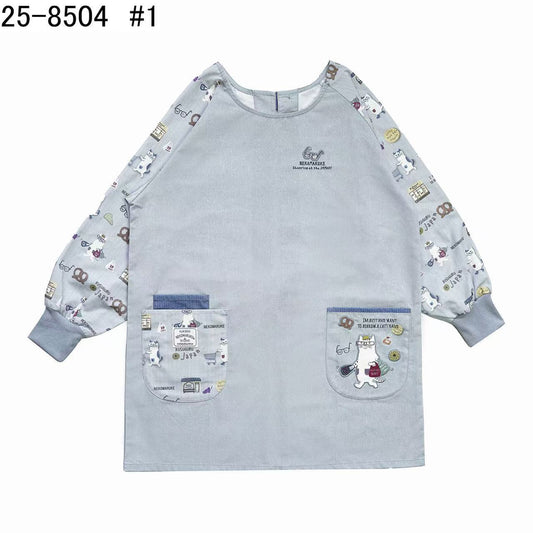 日本Kusuguru正品刺繡眼鏡貓長袖圍裙家務防油防污防汙罩衫花藝烘焙40｜眼鏡貓灰色8504-1