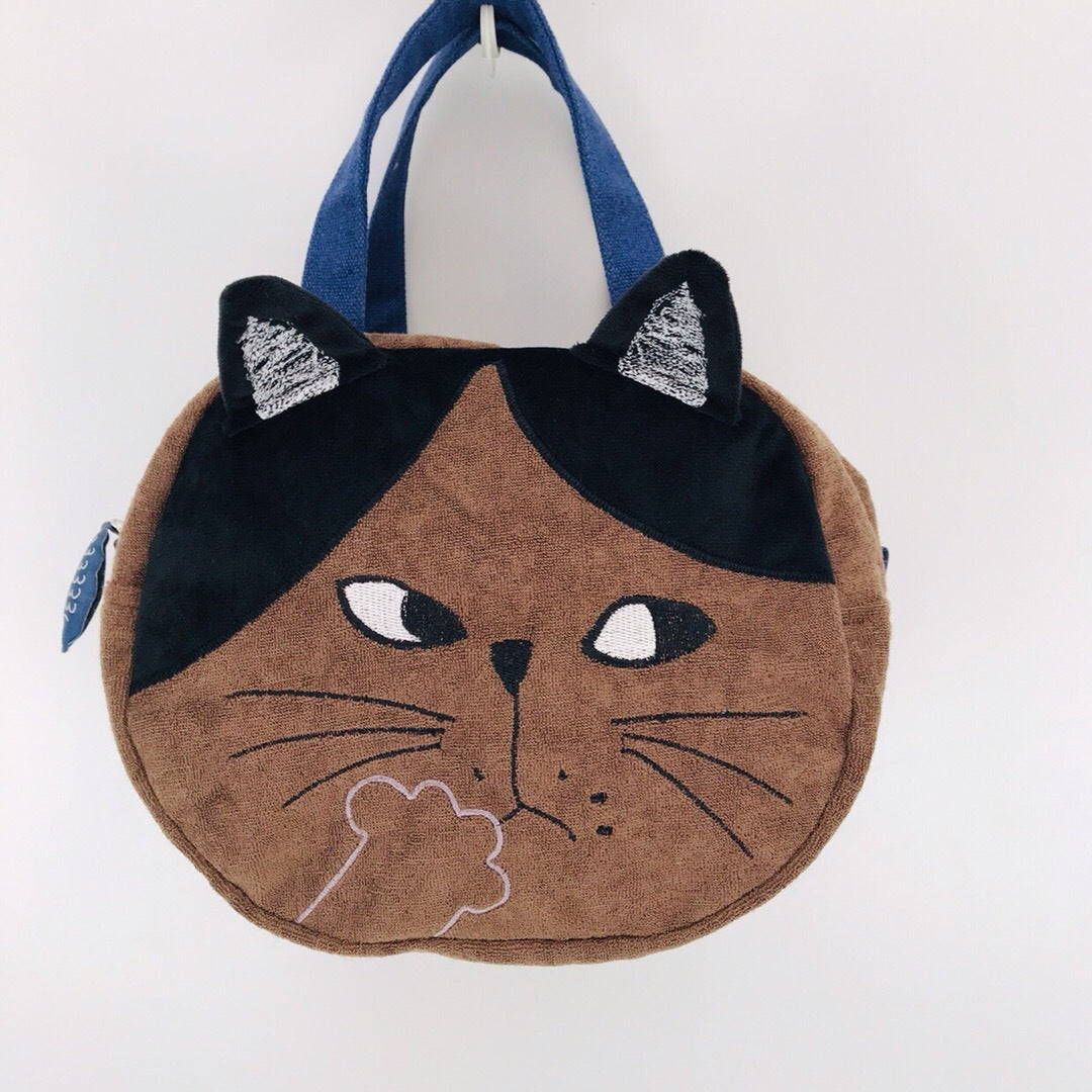 出口日本新款刺繡大臉貓手提布藝包通勤包可愛百搭休閒｜咖色