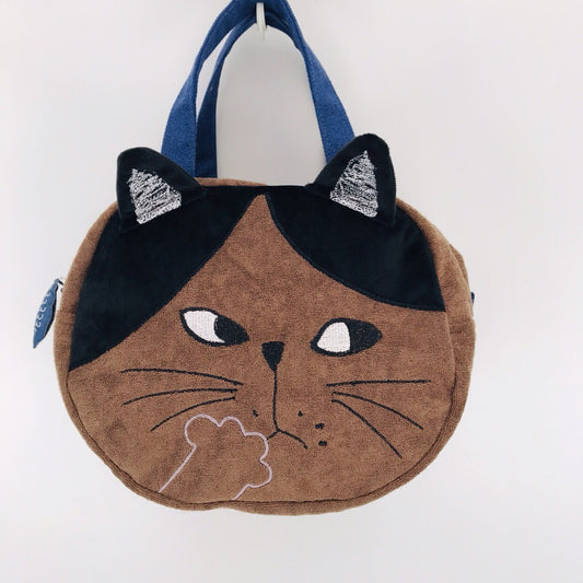 出口日本新款刺繡大臉貓手提布藝包通勤包可愛百搭休閒｜咖色