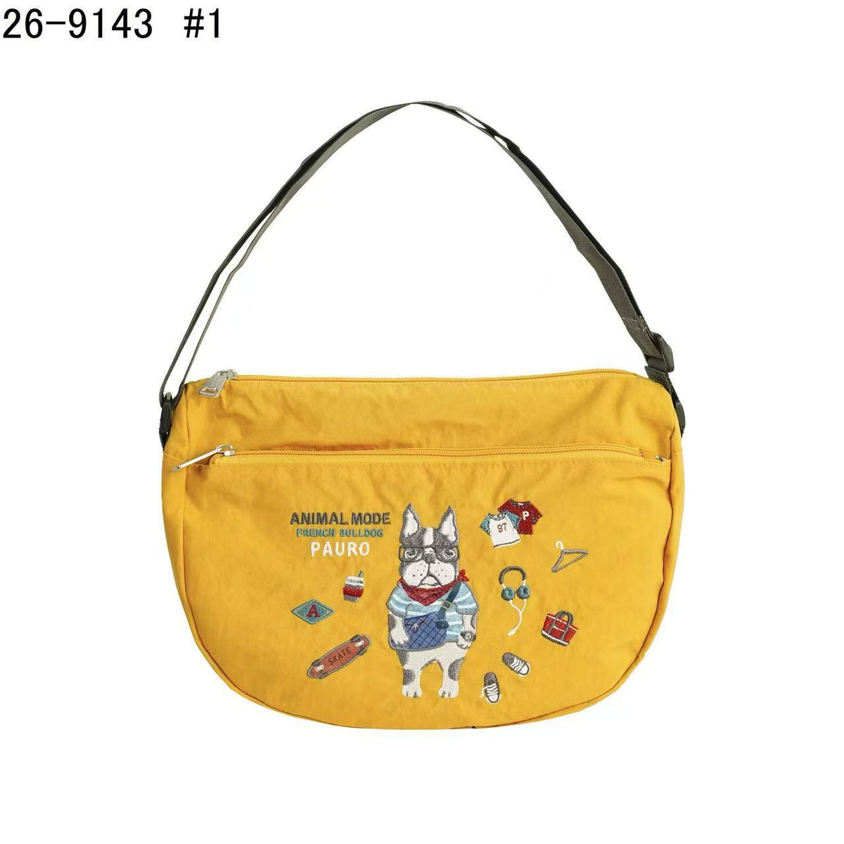 日本Kusuguru正品重工刺繡貓咪法鬥斜背包月亮包腋下包肩背包509｜保羅芥黃9143-1