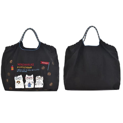 日本kusuguru刺繡日系肩背包手提包購物袋尼龍環保通勤包大型106｜眼鏡貓黑色7153-2／大型