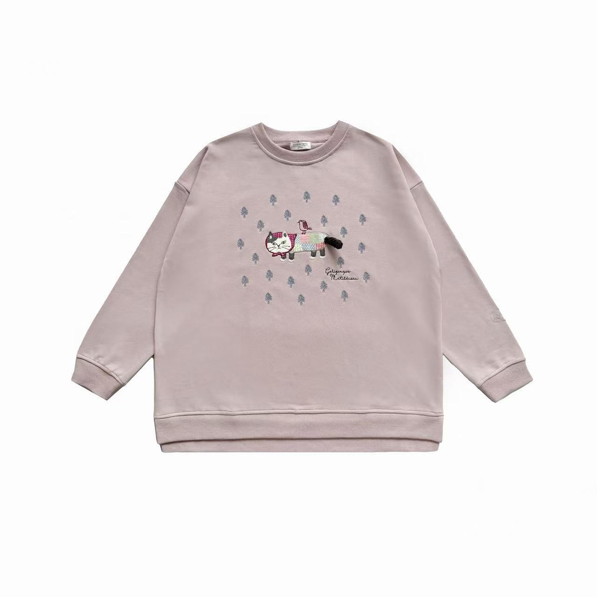 日本Kusuguru正品刺繡貓咪狗子大學T圓領休閒毛圈長袖寬鬆415432｜爬貓粉色8632-1／單一尺寸