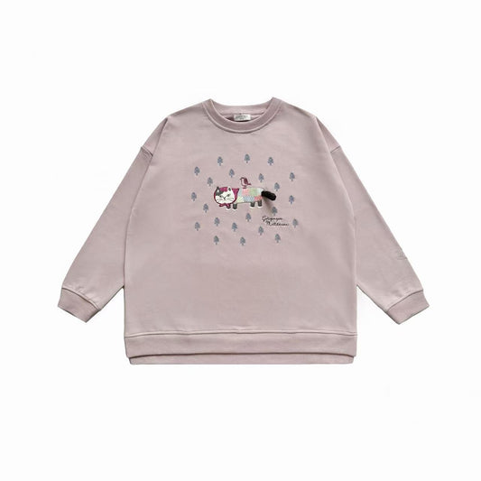 日本Kusuguru正品刺繡貓咪狗子大學T圓領休閒毛圈長袖寬鬆415432｜爬貓粉色8632-1／單一尺寸