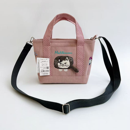 日本Kusuguru正品刺繡爬貓斜背內包肩背包手提包手提通勤布藝501｜爬貓粉色9020-1