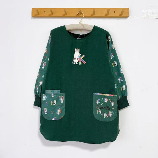 日本Kusuguru刺繡貓咪家務圍裙防油防污布藝反穿服花藝烘焙600｜眼鏡貓墨綠9604-2