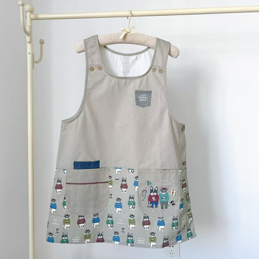 日本Kusuguru正品刺繡貓咪法鬥圍裙家務防油防污花藝烘焙卡通402｜露西and保羅米色8516-1