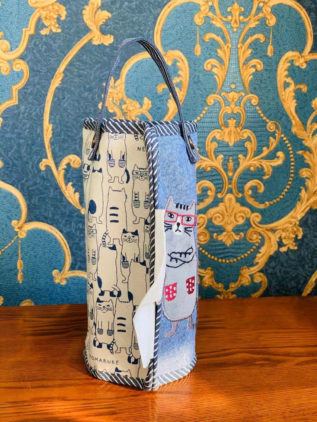 出口日本新款布藝刺繡可愛卡通貓咪面紙盒套｜藍色