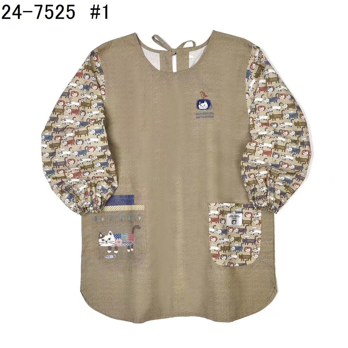 日本kusuguru刺繡爬貓家務防油防污圍裙布藝反穿服花藝烘焙201｜卡其色7525-1