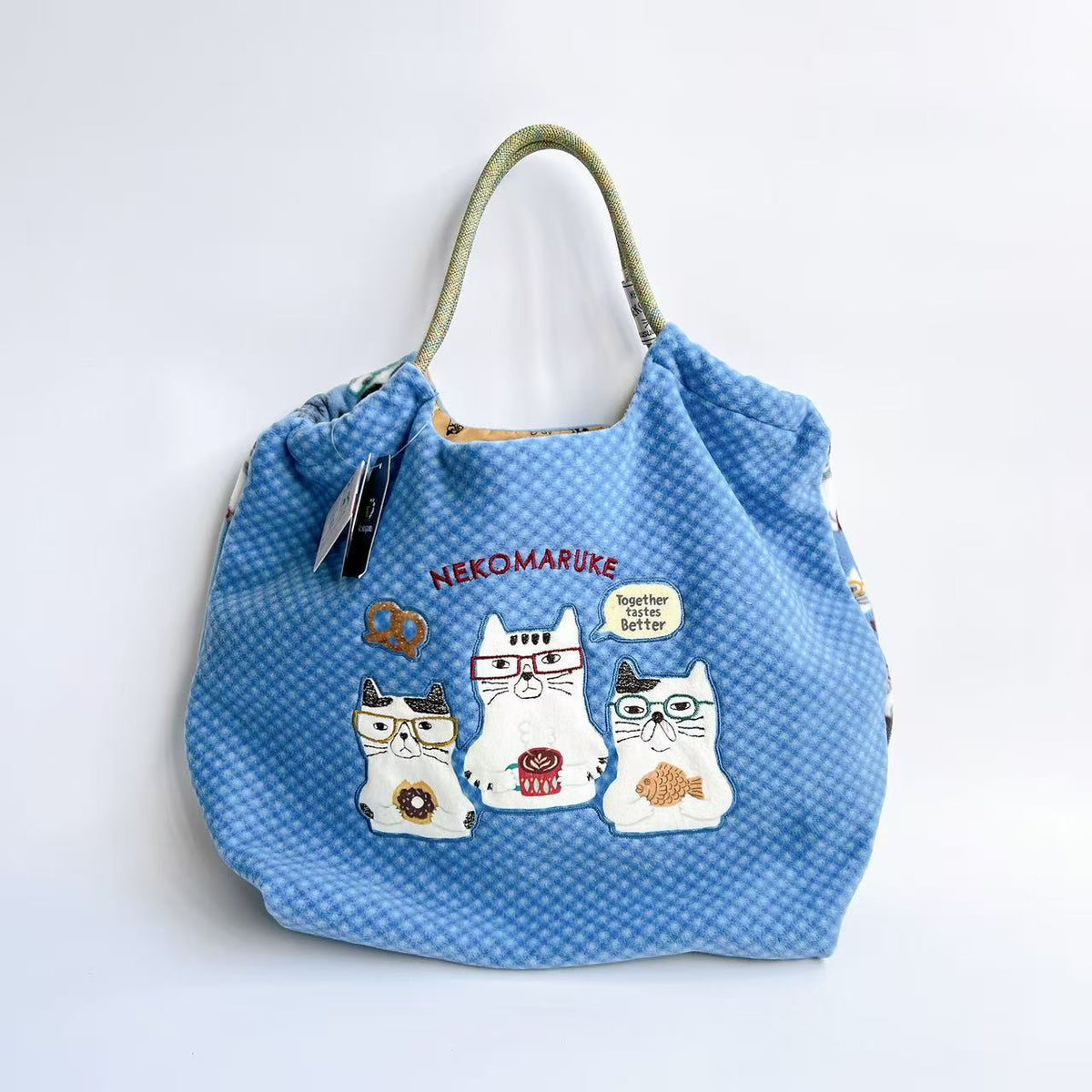 日本Kusuguru正品刺繡眼鏡貓手提包手提包肩背包刷毛購物包621｜眼鏡貓藍9673-2