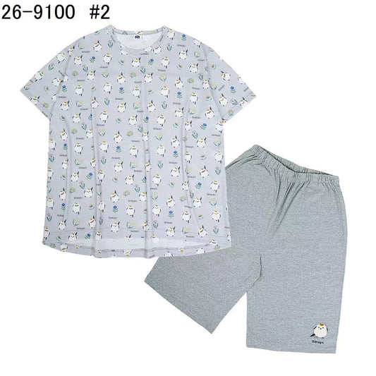 日本Kusuguru正品印花居家服睡裙套裝短袖短褲天竺棉卡通519｜短袖套裝小雞淺紫9100-2／單一尺寸