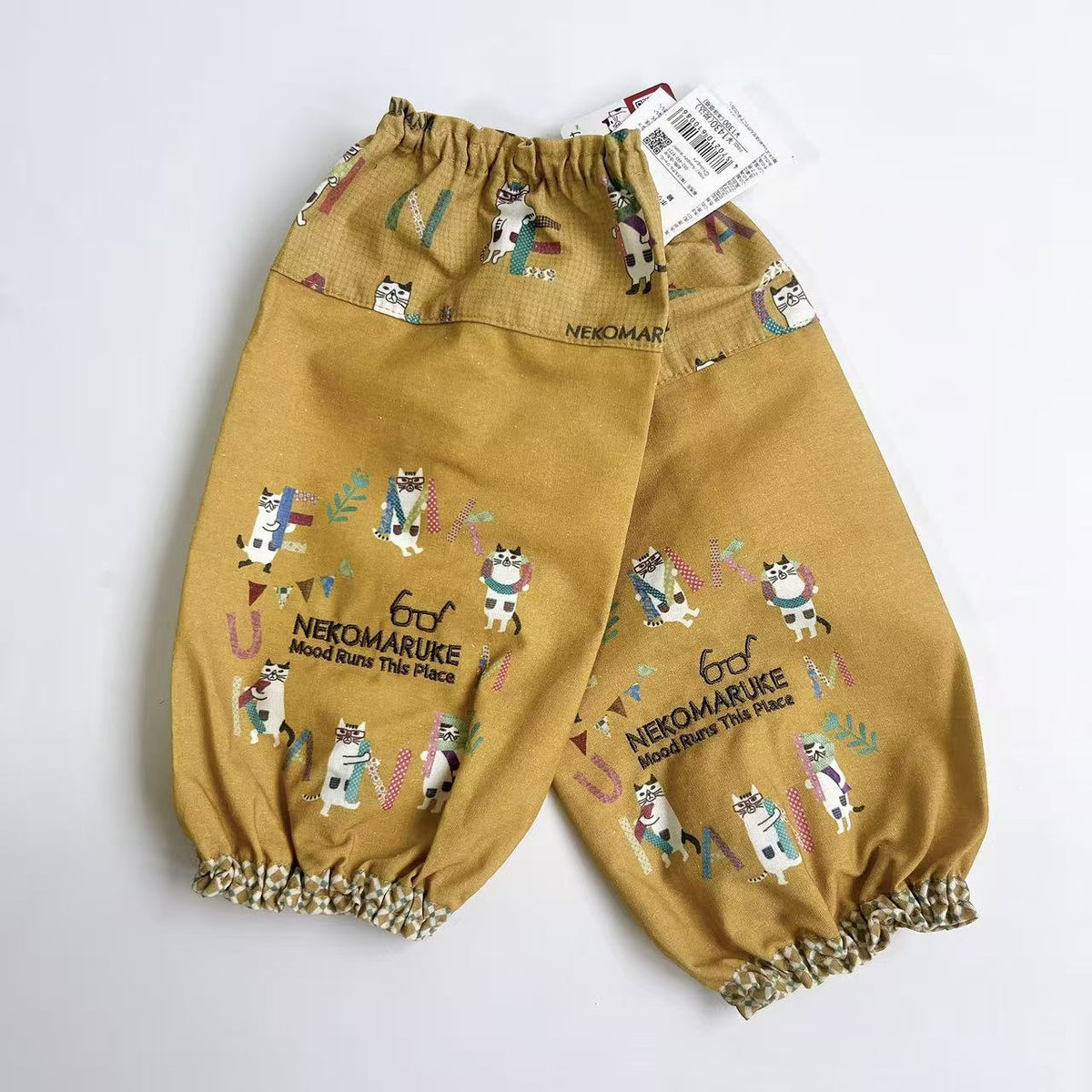 日本Kusuguru正品刺繡眼鏡貓袖套花藝烘焙布藝袖套家務防油汙600｜眼鏡貓芥黃9605-1