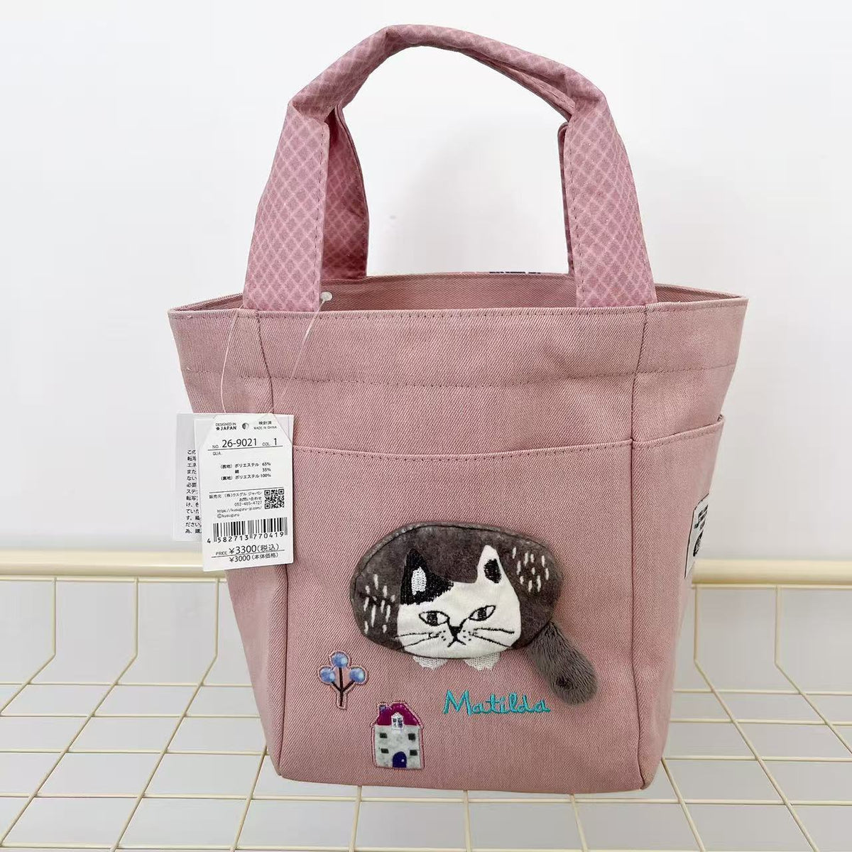日本Kusuguru正品刺繡爬貓手提包手提包帆布袋飯盒包購物通勤501｜爬貓粉9021-1