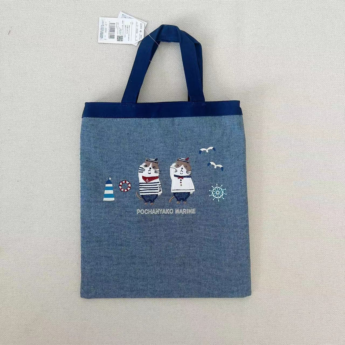 日本刺繡海軍貓布藝手提包iPad包補習包手提包逛街購物包卡通838｜藍色2056-2
