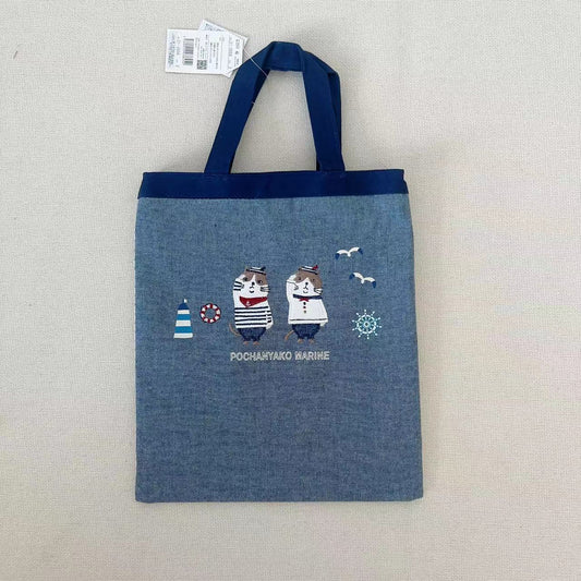 日本刺繡海軍貓布藝手提包iPad包補習包手提包逛街購物包卡通838｜藍色2056-2