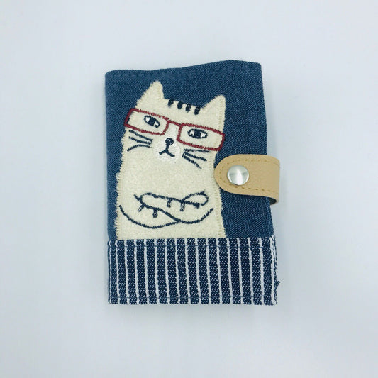 出口日本刺繡可愛卡通貓咪卡套卡套名片包多層卡套｜深藍色