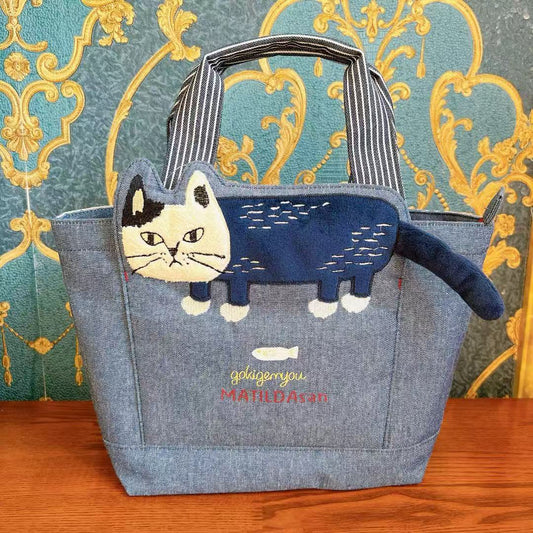 日本Kusuguru正片刺繡爬貓手提包手提包布藝飯盒包逛街通勤931｜牛仔藍6034-2
