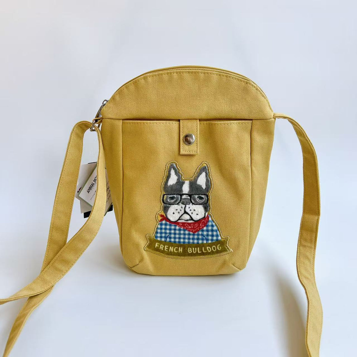 日本Kusuguru正品刺繡貓咪法鬥斜背包肩背包帆布通勤布藝卡通502｜保羅黃色9034-1