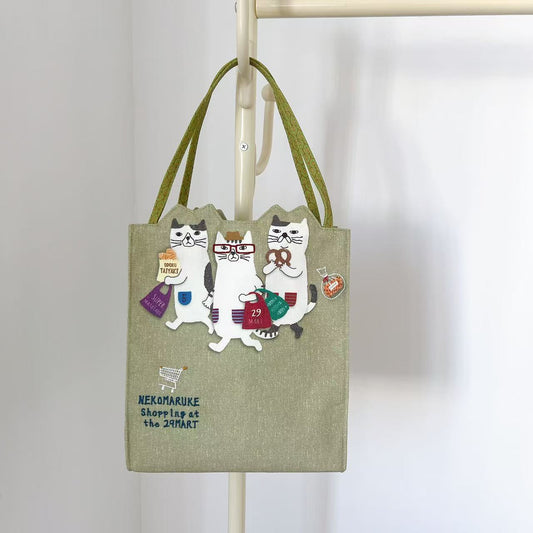 日本Kusuguru正品刺繡貓咪手提包手提包補習包逛街購物通勤400｜眼鏡貓米8509-2