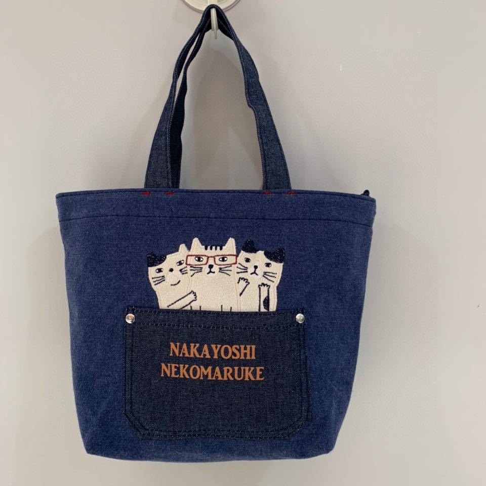 日本新款刺繡貓咪手提包手提包逛街購物包布藝卡通飯盒包通勤包｜藍格子