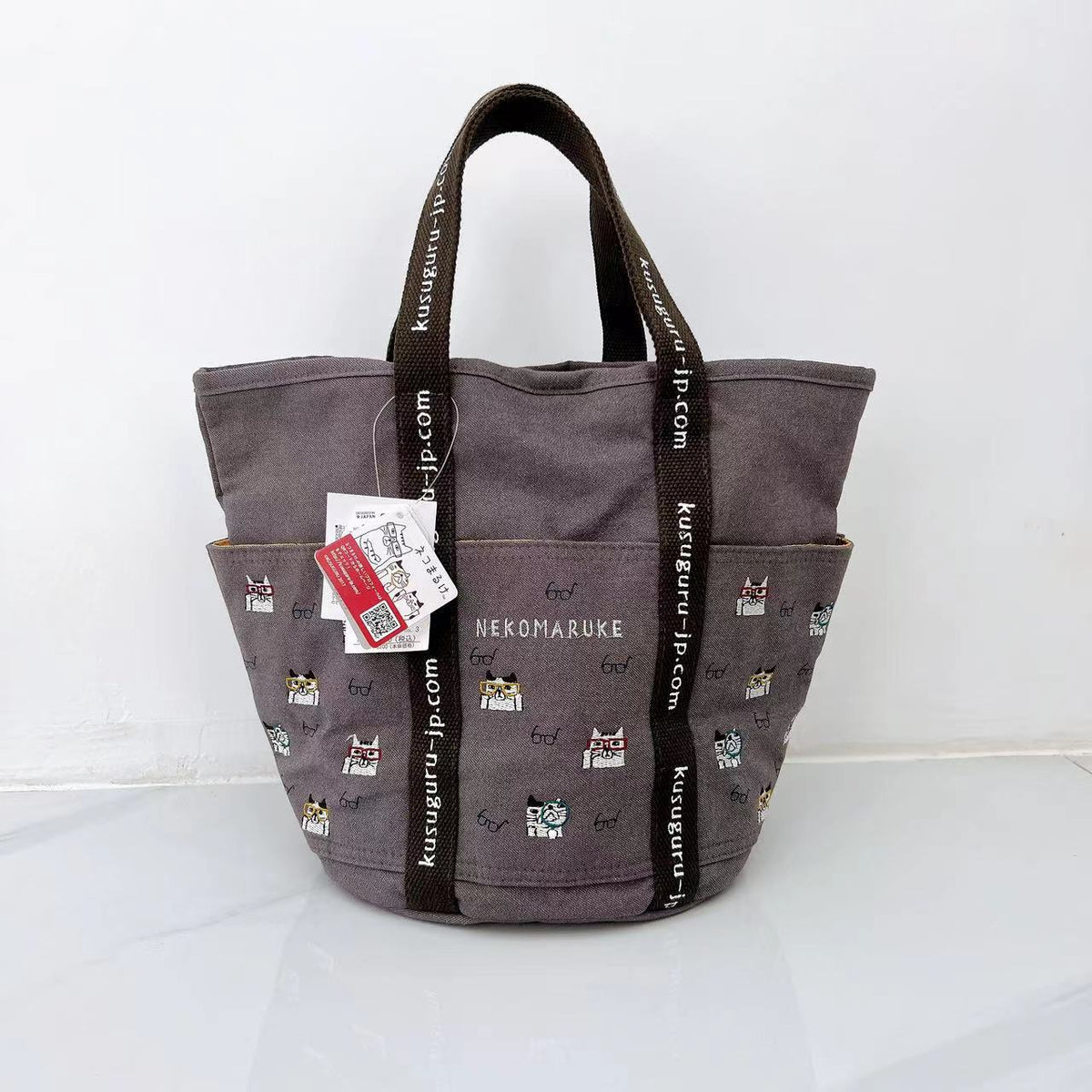 日本kusuguru重工刺繡貓咪手提包水桶包逛街購物手提布藝卡通200｜咖色7516-3
