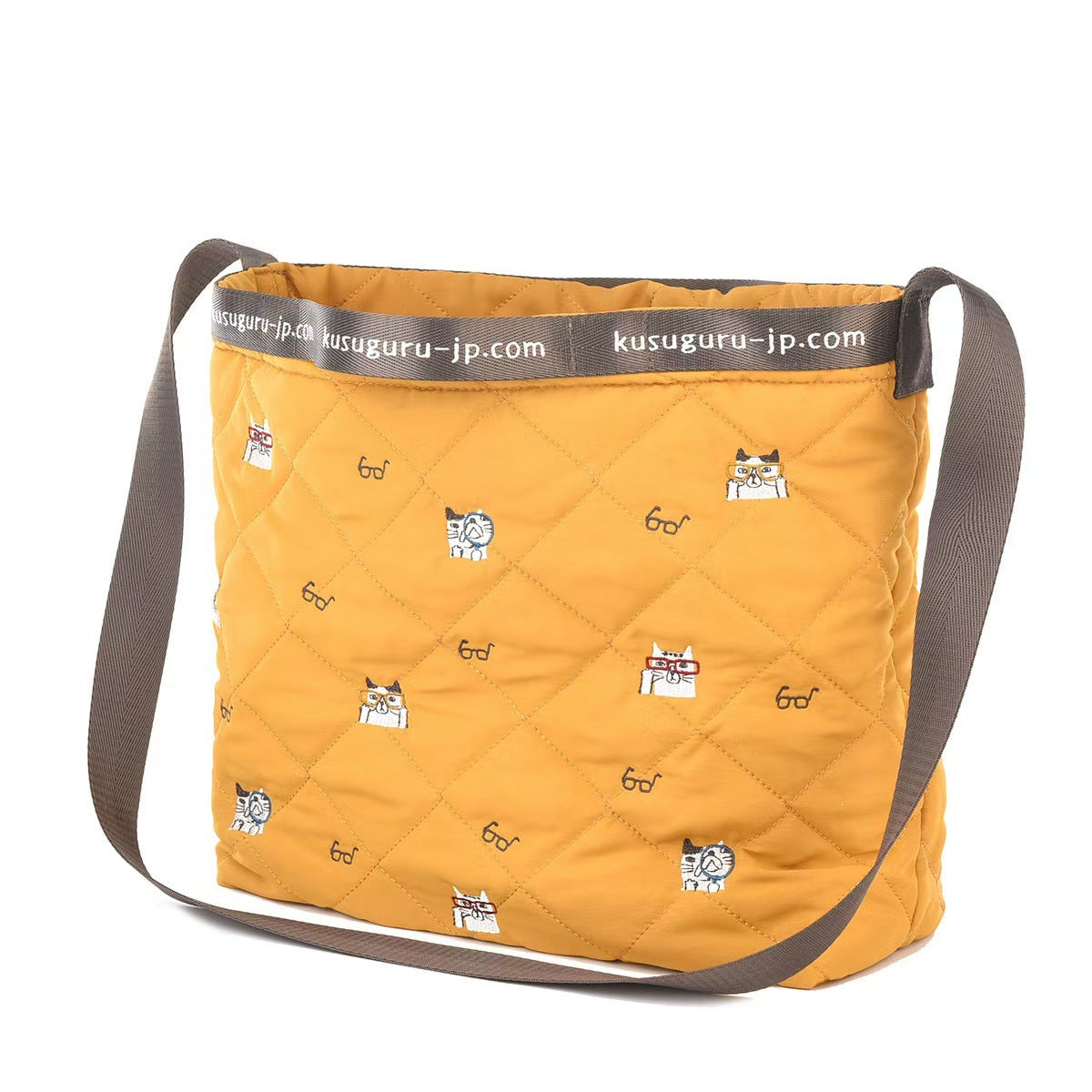 日本kusuguru重工刺繡貓咪斜背包絎縫手提包肩背包休閒通勤206｜姜黃7674-1