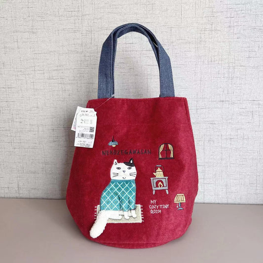日本Kusuguru刺繡胖貓手提包水桶包手提包刷毛通勤卡通購物214｜紅色7621-2