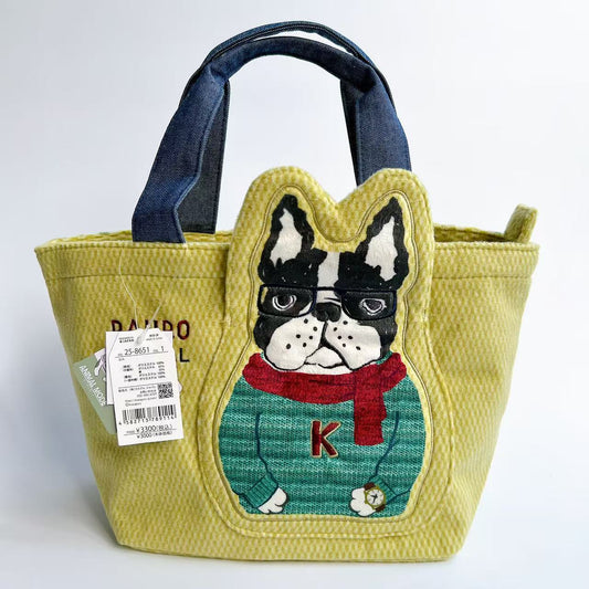 日本Kusuguru正品刺繡貓咪法鬥手提包手提包飯盒包刷毛通勤417｜保羅法鬥黃8651-1