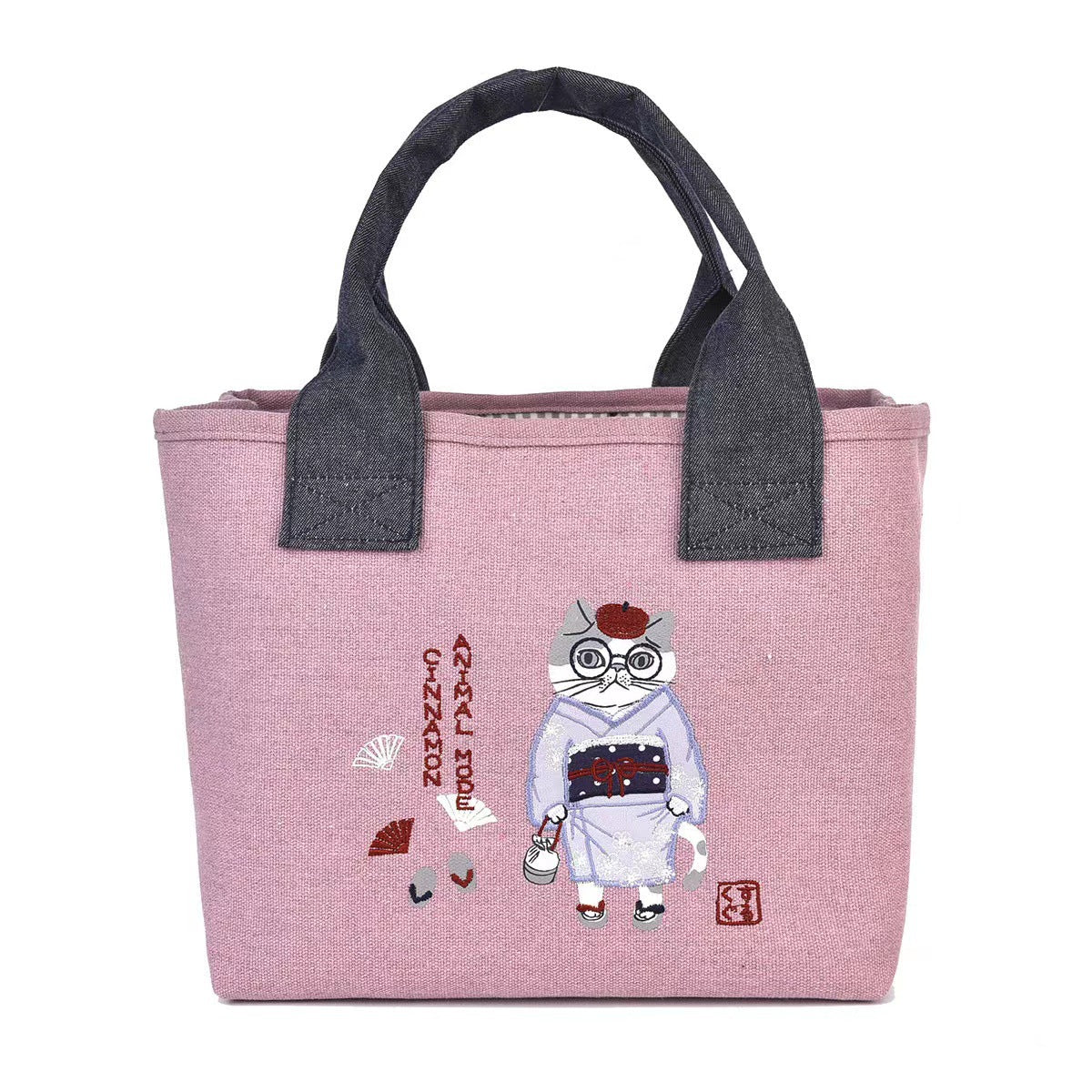 日本kusuguru刺繡和服貓咪手提包托特包手提包飯盒包逛街購物983｜粉色6585-1
