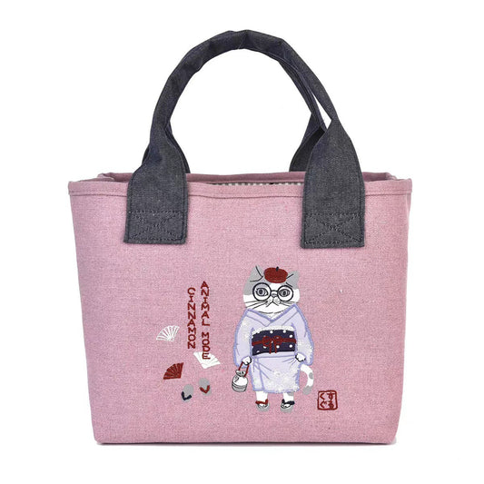日本kusuguru刺繡和服貓咪手提包托特包手提包飯盒包逛街購物983｜粉色6585-1