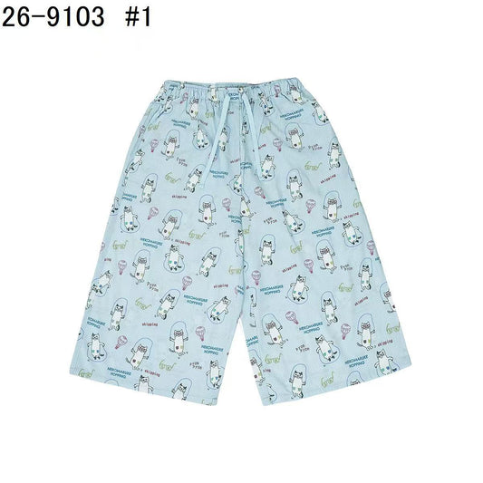 日本Kusuguru正品貓咪印花居家睡裙睡褲綿綢人造棉居家服舒適514｜短褲眼鏡貓灰9103-1／單一尺寸